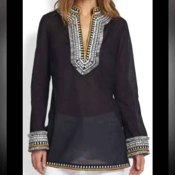 Tory Burch Navy Embroidered Fringe Detail 100% Cotton Tunic Size 8 - Picture 2 of 14